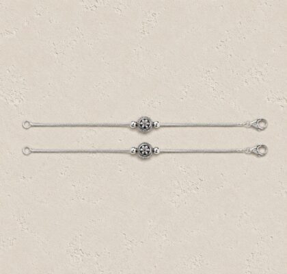 Vintage Oxidized Silver Floral Mandala Snake Chain Anklets (Pair)